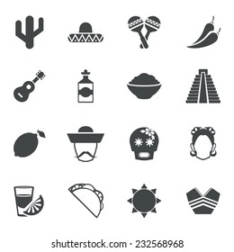 Mexico travel symbols black icon set with guitar tequila pyramid maize isolated vector illustration