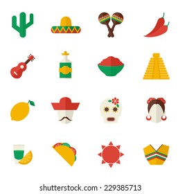 Mexico travel symbols flat icon set with cactus sombrero maraca chili pepper isolated vector illustration