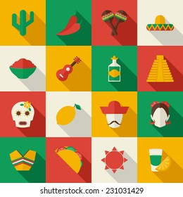 Mexico travel symbols flat icon set with mask lemon people isolated vector illustration