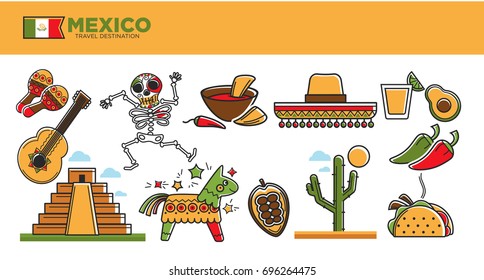 Mexico travel tourism famous landmarks and tourist attractions vector symbols set