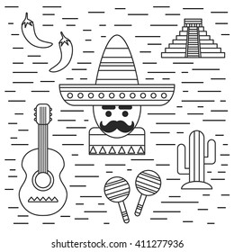 Mexico travel vacation, Cinco de Mayo festival banner in line style: mexican in sombrero, maracas, guitar, cactus, pyramid and chili pepper, vector illustration