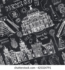 Mexico travel.Famous landmarks seamless pattern,background.Vector Hand drawn doodle mexican  sketchy.Vintage historic design.Architectural landmarks.Lettering .Mexico clipart.Illustration.Chalkboard
