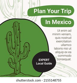 Viaje a México con un consejo profesional. Dirección y turismo, mejores deportes para descansar. Cartel publicitario de agencia de viajes, afiche de marketing de anuncios. Vector de estilo plano