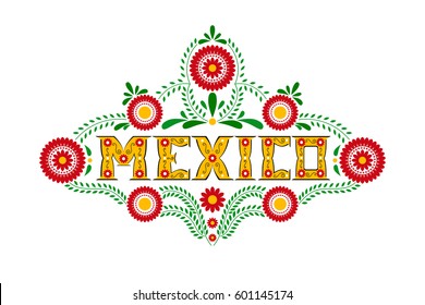 Mexico typography party or travel banner vector. Mexican flowers embroidery ornament with yellow decorative floral letters on white background. Design for food label or tourism flyer card.