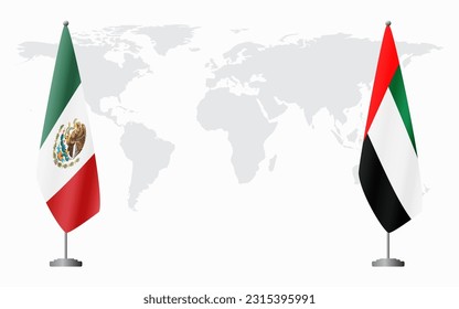Mexico and United Arab Emirates flags for official meeting against background of world map.