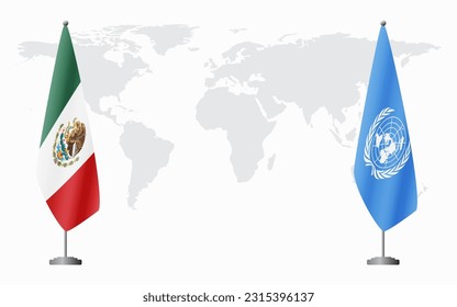 Mexico and United Nations flags for official meeting against background of world map.