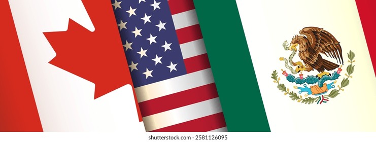  Mexico U.S. Canada flags banner, background. Partnership, trade, economic, border relationship between countries