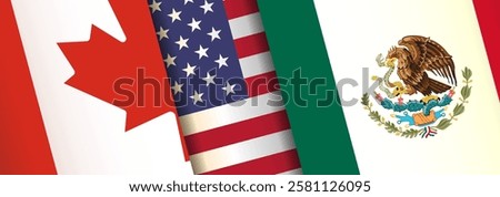  Mexico U.S. Canada flags banner, background. Partnership, trade, economic, border relationship between countries