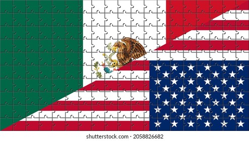 mexico and usa flag made with jigsaw puzzle pieces