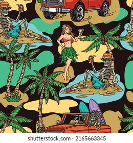 Mexico Vacation Pattern Seamless Vintage Colorful Woman With Skeleton Under Palm Tree On Beach And Surfer In Car Vector Illustration