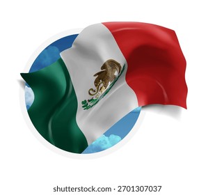 México, Vector 3d bandera contra un cielo azul, a través de un agujero redondo sobre un fondo blanco