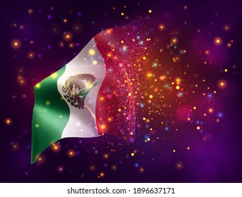 México, bandera vectorial 3d sobre fondo púrpura rosa con iluminación y bengalas