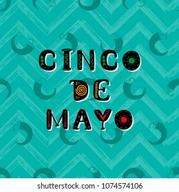 Mexico vector background. Cinco De Mayo hand drawn lettering design on grunge chevron background with chili peppers