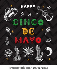 Mexico vector background. Happy Cinco de Mayo greeting card with hand drawn lettering and sketch of Mexican culture attributes