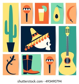 Mexico, vector flat concept illustration, icon set, background, poster: boot, lizard, avocado, tequila, guitar, maracas, pepper, hat, skull, cactus tree