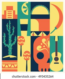 Mexico, vector flat illustration, icon set, poster: pyramid, tequila, taco, traditional hat, pepper, cactus tree, ornament, maracas, skull, guitar