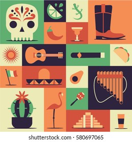 Mexico, vector flat illustration, icon set, pattern. Skull, pepper, lime, cocktail, lizard, boot, sun, guitar, smoking, taco, flag, mexican hat, avocado, flute, cactus tree, bird flamingo, pyramid