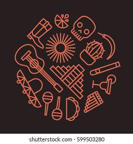 Mexico, vector flat illustration icon set, travel background. Skull, cactus, pepper, pyramid, lime, shoes, guitar, maracas, sombrero, taco, flute, cocktail, smoking