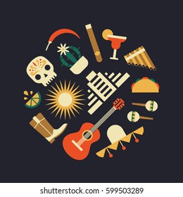 Mexico, vector flat illustration icon set, travel background. Skull, cactus, pepper, pyramid, lime, shoes, guitar, maracas, sombrero, taco, flute, cocktail, smoking