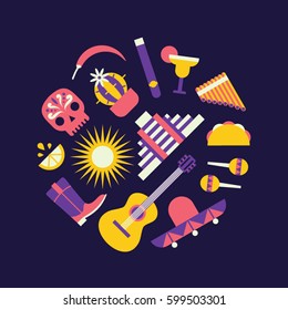 Mexico, vector flat illustration icon set, travel background. Skull, cactus, pepper, pyramid, lime, shoes, guitar, maracas, sombrero, taco, flute, cocktail, smoking
