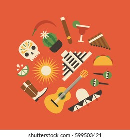 Mexico, vector flat illustration icon set, travel background. Skull, cactus, pepper, pyramid, lime, shoes, guitar, maracas, sombrero, taco, flute, cocktail, smoking