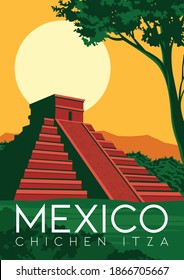 Mexico Vector Illustration Background. Travel to Chichen Itza Mexico. Flat Cartoon Vector Illustration in Colored Style.