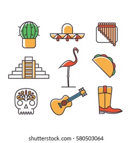 Mexico, vector outline illustration, icon set. Cactus, mexican hat, flute, pyramid, flamingo, food, skull, guitar, boot