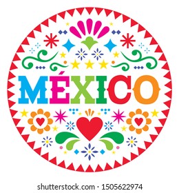 Mexico vector pattern, Mexican colorful folk art design, vibrant floral ornament. Mexican fiesta round background with abstract shapes and flowers, traditional decoration wtih text