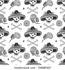 Mexico Vector Seamless Pattern. Dia de los Muertos Day of the Dead. Background with Mexican Holiday Symbols: Mexican Skulls, Bones and Marigold Flowers