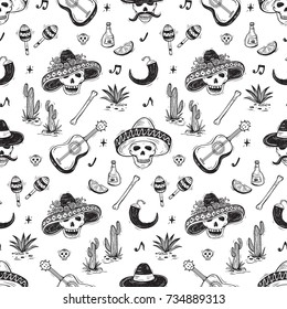 Mexico Vector Seamless Pattern. Dia de los Muertos Day of the Dead.  Background with Mexican Holiday Symbols: Mexican Skulls, Guitar, Cactus, Bones, Maracas, Tequila Agave, Chile Pepper