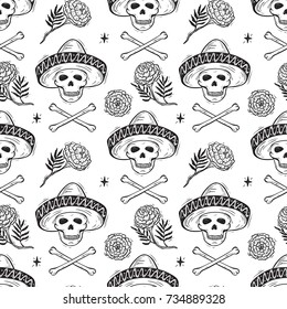 Mexico Vector Seamless Pattern. Dia de los Muertos Day of the Dead. Background with Mexican Holiday Symbols: Mexican Skulls, Bones and Marigold Flowers