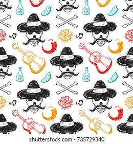 Mexico Vector Seamless Pattern. Dia de los Muertos. Day of the Dead. Background with Mexican Holiday Symbols: Mexican Skulls, Guitar, Tequila, Chile Pepper, Bones, Flower