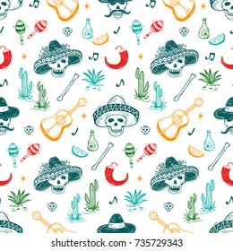 Mexico Vector Seamless Pattern. Dia de los Muertos. Day of the Dead. Background with Mexican Holiday Symbols: Mexican Skulls, Guitar, Cactus, Bones, Maracas, Tequila Agave, Chile Pepper