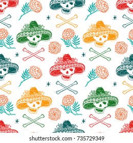 Mexico Vector Seamless Pattern. Dia de los Muertos. Day of the Dead. Background with Mexican Holiday Symbols: Mexican Skulls, Bones and Marigold Flowers