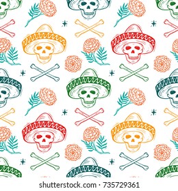 Mexico Vector Seamless Pattern. Dia de los Muertos. Day of the Dead. Background with Mexican Holiday Symbols: Mexican Skulls, Bones and Marigold Flowers