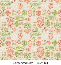 Mexico Vector Seamless pattern. Hand drawn doodle Mexican Day of the Dead Attributes and patterns