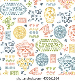 Mexico Vector Seamless pattern. Hand drawn doodle Mexican Day of the Dead Attributes and patterns