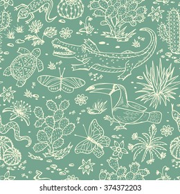 Mexico Vector Seamless pattern. Mexican flora and fauna. Nature of Mexico - Plants and animals. Hand drawn doodle Cactus, butterflies, reptiles, crocodile, toucan bird