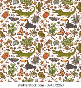 Mexico Vector Seamless pattern. Mexican flora and fauna. Nature of Mexico - Plants and animals. Hand drawn doodle Cactus, butterflies, reptiles, crocodile, toucan bird