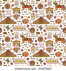 Mexico Vector Seamless pattern. Mexican items - Hand drawn doodle Mexican sights, cultural artifacts, Day of the Dead Attributes, patterns