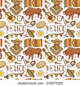 Mexico Vector Seamless pattern. Mexican items - Hand drawn doodle Mexican man, ponchos, sombrero, guitar, rodeo, bull, lasso