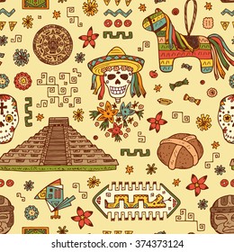 Mexico Vector Seamless pattern. Mexican items - Hand drawn doodle Mexican sights, cultural artifacts, Day of the Dead Attributes, patterns