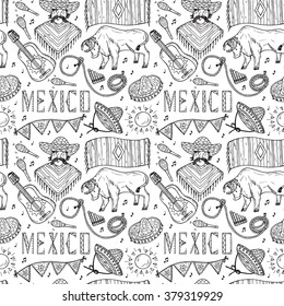Mexico Vector Seamless pattern. Mexican items - Hand drawn doodle Mexican man, ponchos, sombrero, guitar, rodeo, bull, lasso
