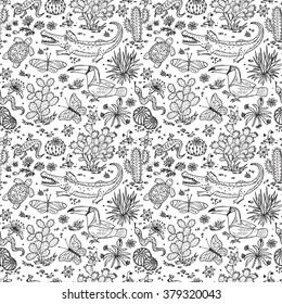 Mexico Vector Seamless pattern. Mexican flora and fauna. Nature of Mexico - Plants and animals. Hand drawn doodle Cactuses, butterflies, reptiles, crocodile, toucan bird