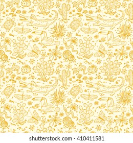Mexico Vector Seamless pattern. Mexican flora and fauna. Nature of Mexico - Plants and animals. Hand drawn doodle Cactus, butterflies, reptiles, crocodile, toucan bird