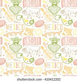 Mexico Vector Seamless pattern. Mexican items - Hand drawn doodle Mexican man, ponchos, sombrero, guitar, rodeo, bull, lasso