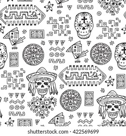Mexico Vector Seamless pattern. Mexican items - Hand drawn doodle Mexican Day of the Dead Attributes and patterns