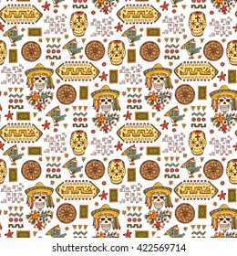Mexico Vector Seamless pattern. Mexican items - Hand drawn doodle Mexican Day of the Dead Attributes and patterns
