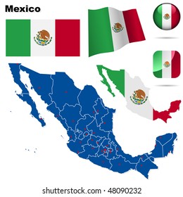 Juego de vectores de México. Forma detallada del país con bordes de área, banderas e iconos aislados en fondo blanco.