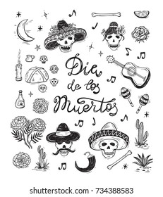 Mexico Vector Set. Dia de los Muertos. Day of the Dead. Mexican Holiday Symbols: Mexican Skulls, Food, Pan de Muerto, Sugar Skulls, Marigold Flowers, Guitar, Cactus and Calligraphic Lettering